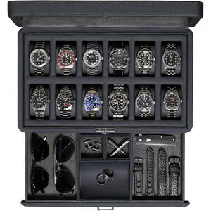 Luxury Watch Box for 12 Watches – PU Leather Watch Box with Real Glass Lid